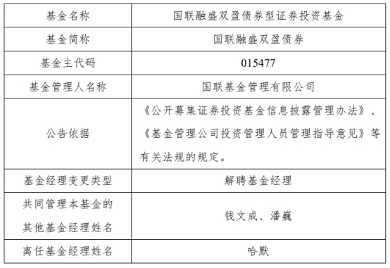 国联基金哈默离任7只基金