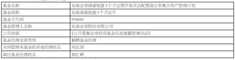 席红辉离任东海海睿进取东海海睿锐意3个月定开